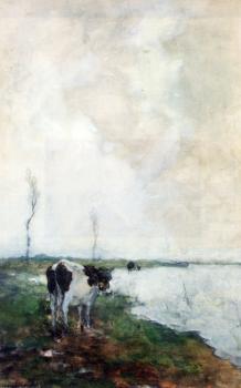 Jan Hendrik Weissenbruch : A Cow Standing By The Waterside In A Polder